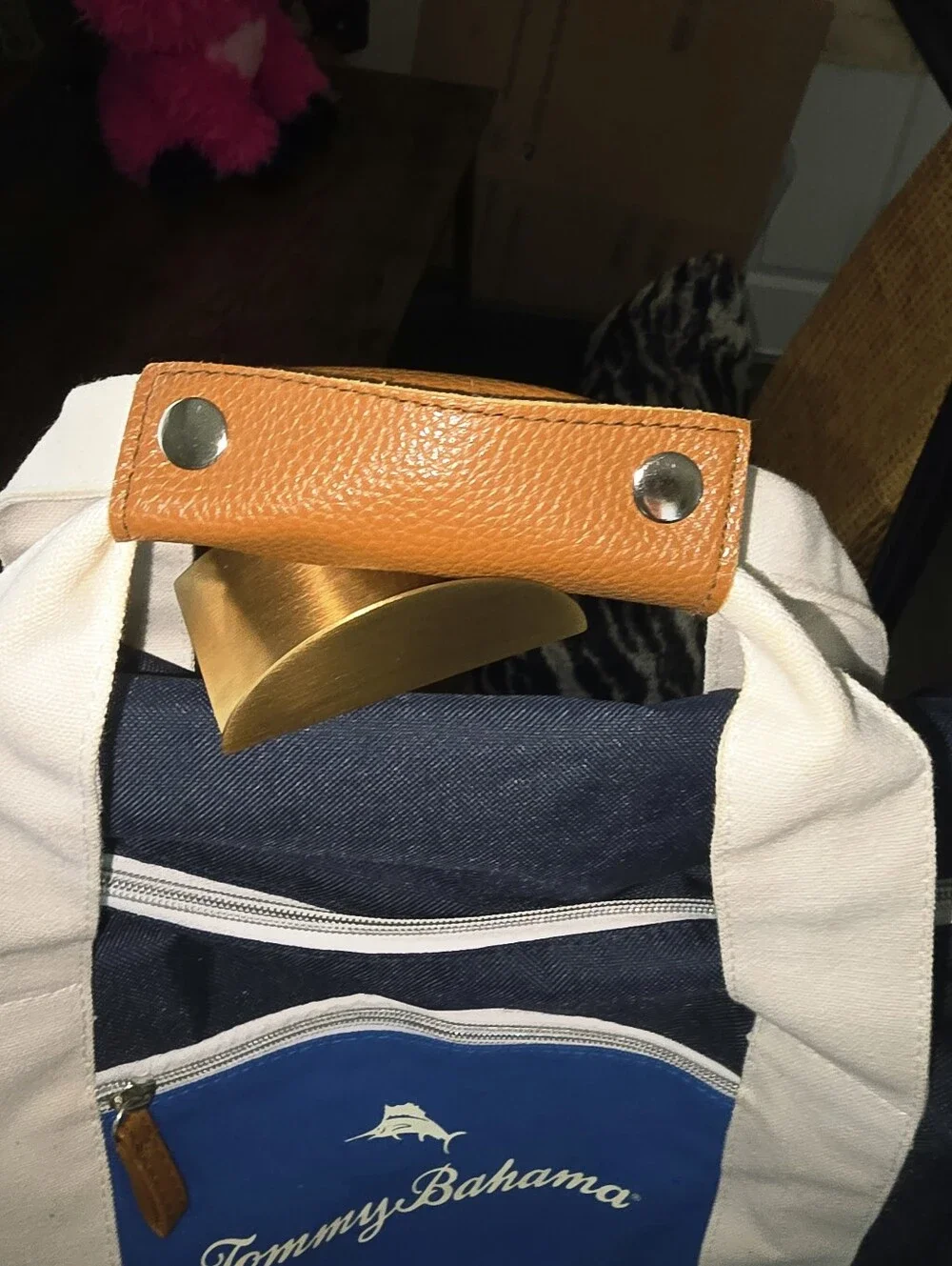 Tommy Bahama Navy and Blue Duffel Bag with White Straps